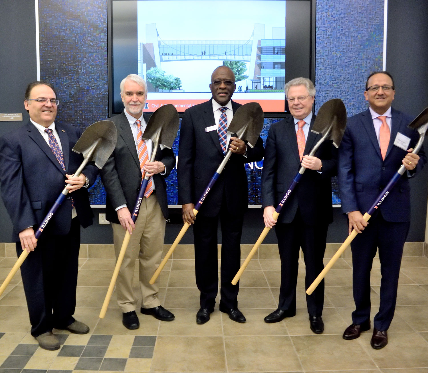 Department Head Benito Marinas, left, with University and College Leadership: (l-r) President Timothy Killeen, Chancellor Robert Jones, Provost Andreas Cangellaris and College of Engineering Dean Rashid Bashir.