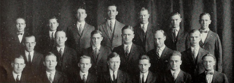 First appearance of Chi Epsilon in The Illio, 1924. Top row: Nelson, Rehnquist, Straub, Gurtler, Black, Wallace, Rall. Second row: Albert, Boberg, Stewart, Larson, Flickinger, Signell. Bottom row: Catlin, Jansson, Mills, Koehler, Bruns, Jewett, Tucker.